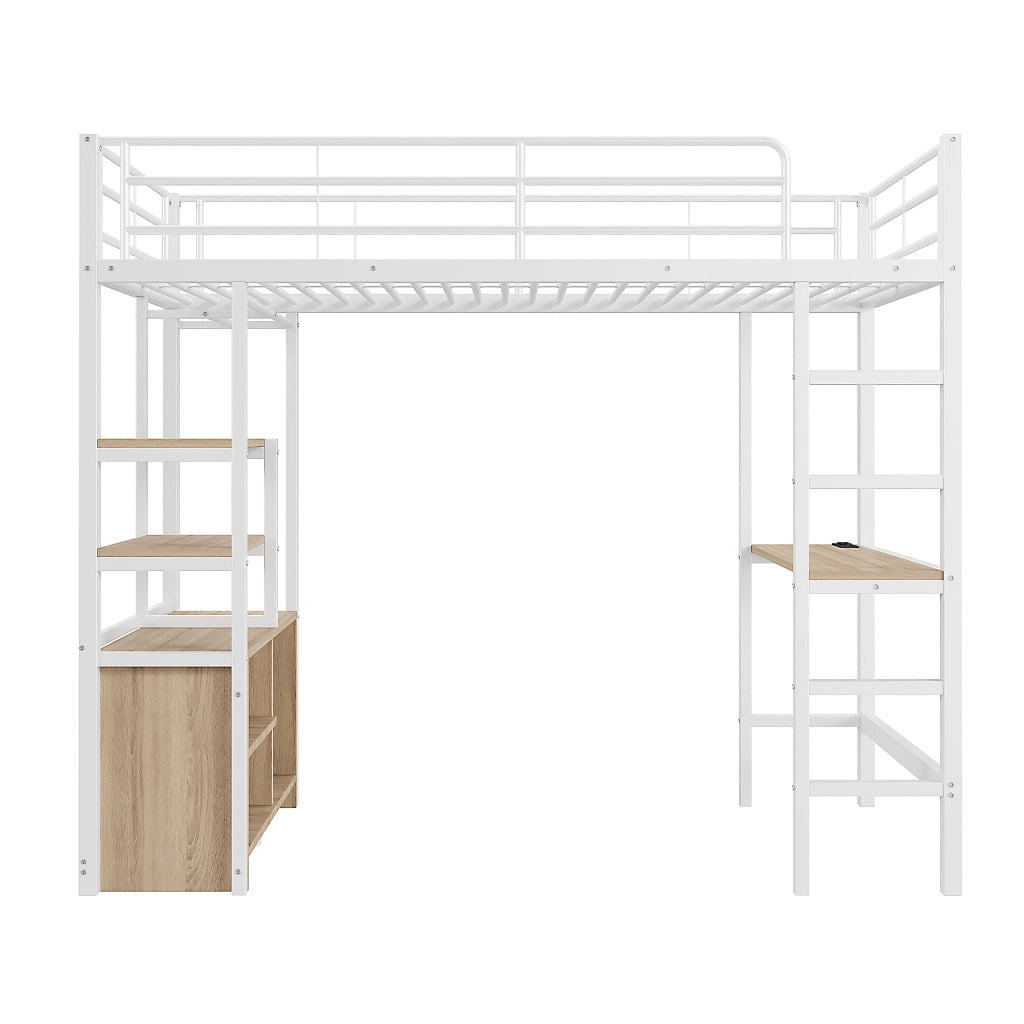 Letto a soppalco singolo 90×200 cm con scrivania; presa USB; ripiani e scala; senza materasso; metallo; bianco