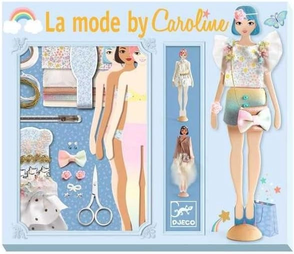 Laboratorio di moda La moda by Coraline, Cofanetto con veri tessuti per creare vestiti per bambole, Djeco, Eta 7-12 anni