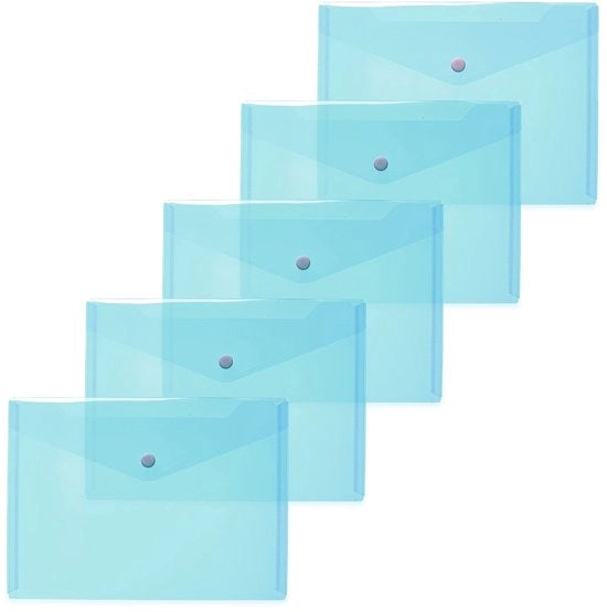Documenti A5 trasparenti luce blu, 5 pezzi, piccole buste trasparenti con chiusura a bottone, buste in plastica per scuola, università, ufficio, viaggi