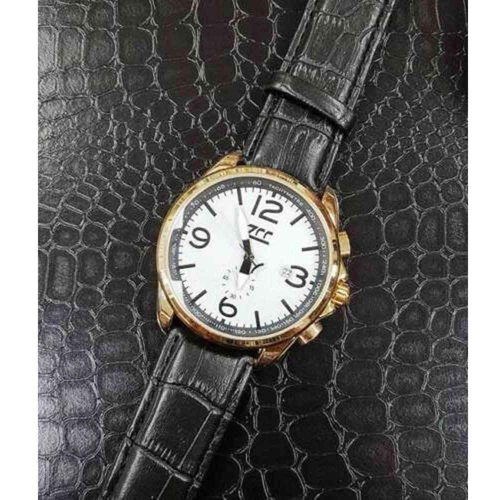 Trade Shop - Orologio Polso Zcc Z001 Uomo Golden Automatico Data Cinturino Pelle Nero Bianco -