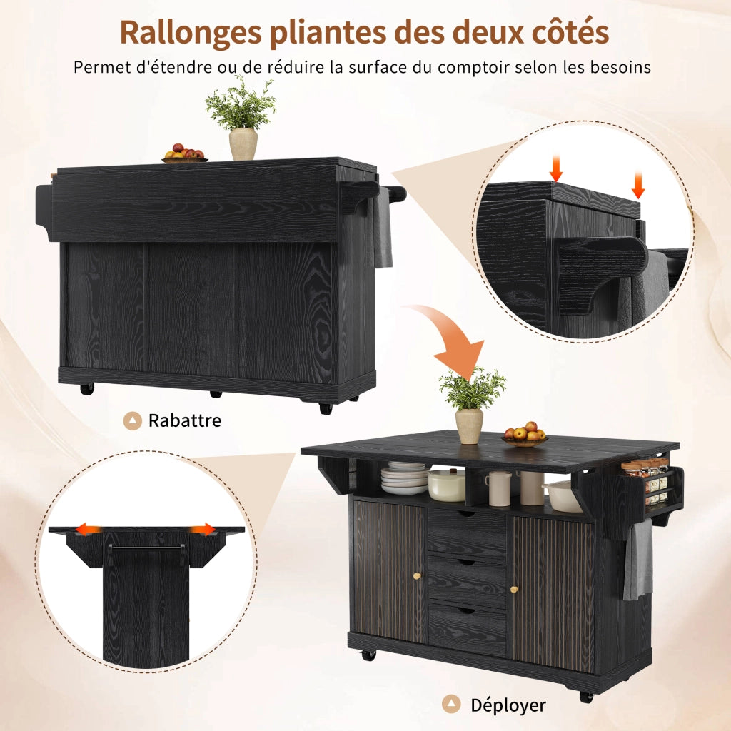 Carrello da cucina con 3 cassetti e ripiani regolabili; 2 allunghe pieghevoli; per cucina e sala da pranzo; in MDF e metallo; nero