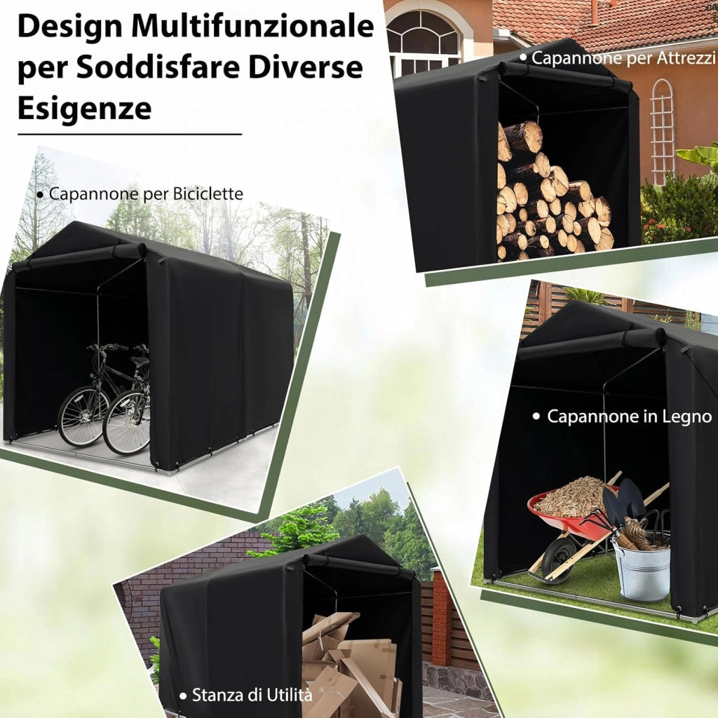 Capanno di Stoccaggio per Esterni, Garage Portatile per Biciclette, Motociclette, Attrezzi da Giardino, Carport per Bici con Porta a Rullo e Cerniera, 160 x 218 x 164 cm (Grigio Scuro)