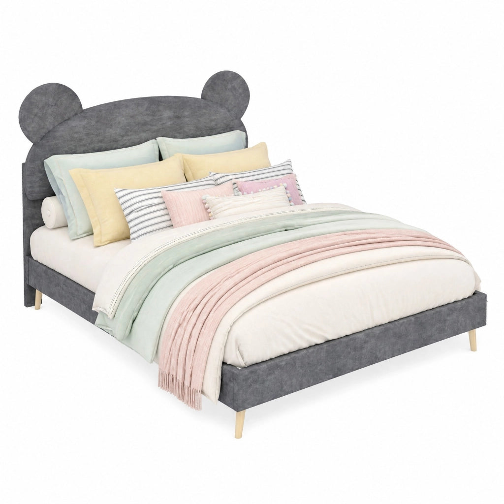Letto imbottito per bambini con testiera a orecchie d’orso 140x200 cm; grigio