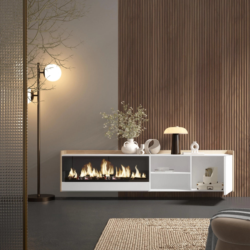 Mobile TV Soggiorno, 212x50x35 cm, Per TV fino a 80", Camino elettrico XXL, Sospeso, da appendere, Bianco e Rovere soft