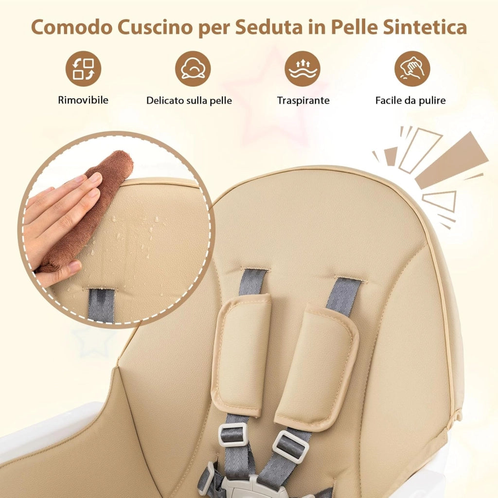 6-in-1 Seggiolone per Neonati, Seggiolone Prima Pappa, Tavolo e Sedia Convertibile per Bambini, Imbracatura di Sicurezza, Vassoio Rimovibile, per Bambini 6-36 Mesi (Beige+Bianco)