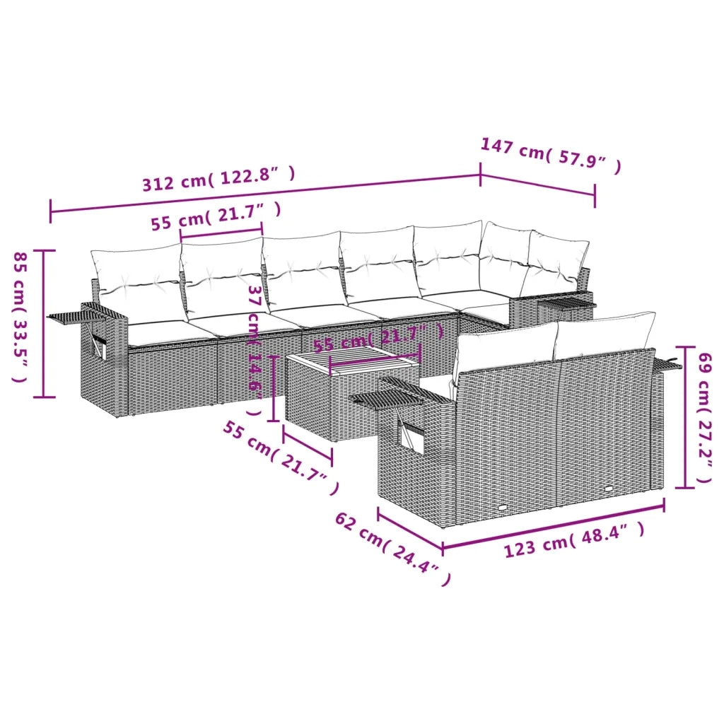 Set Divano da Giardino 9 pz con Cuscini Beige in Polyrattan 3224651