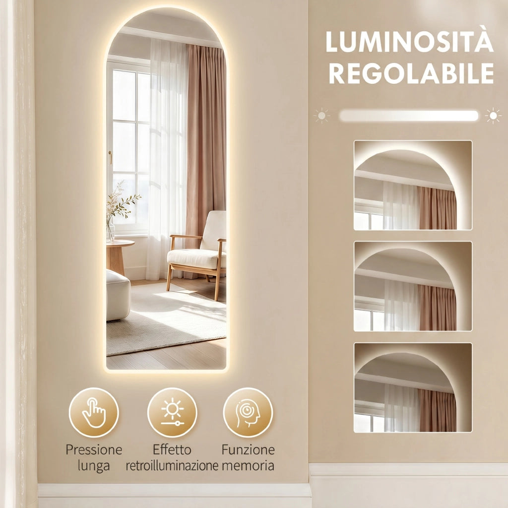 Specchio da Parete ad Arco con Illuminazione LED Regolabile e Controllo Touch, in Vetro Temperato, 40x3x120 cm