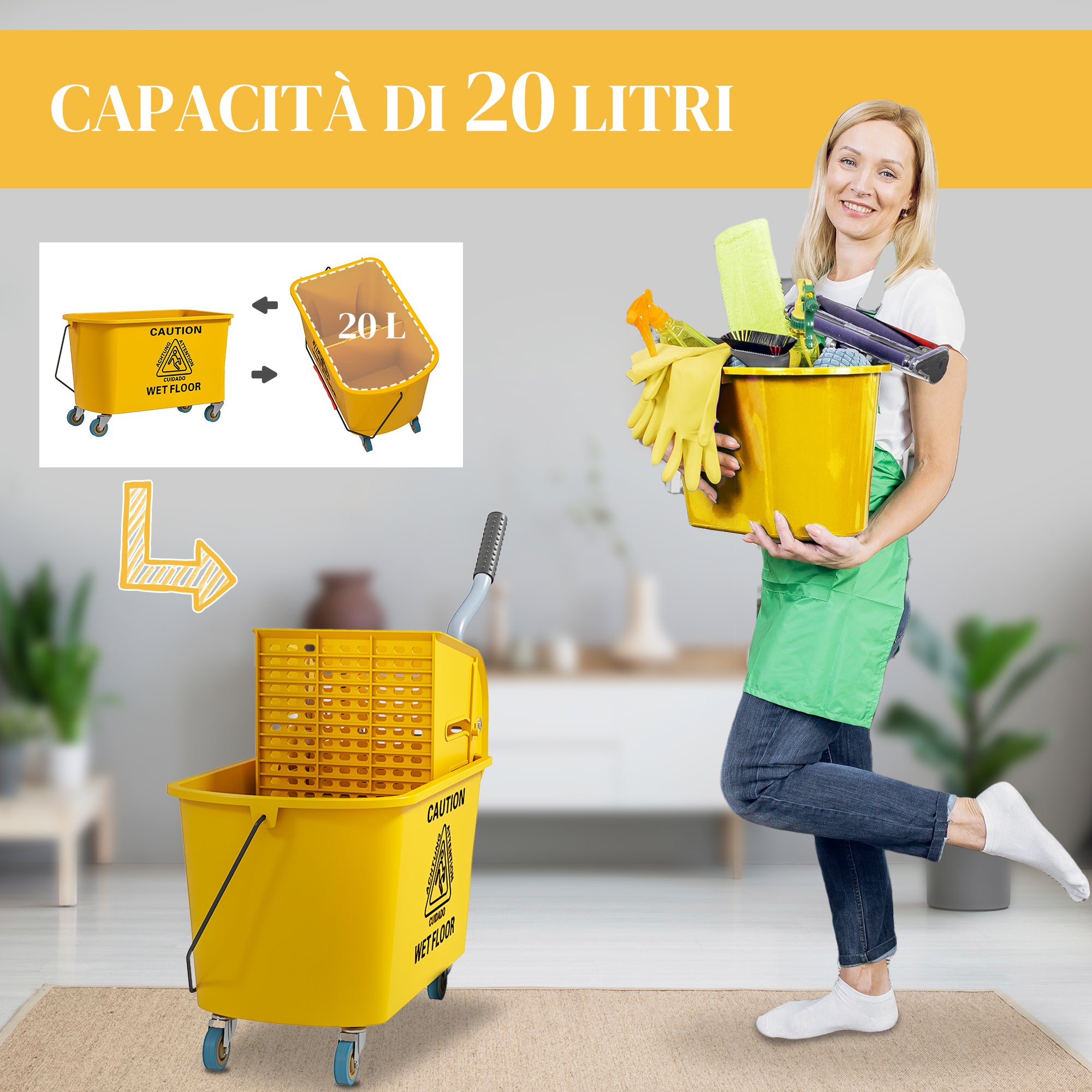 Secchio Lavapavimenti Professionale 20L con Mocio e Strizzatore Giallo