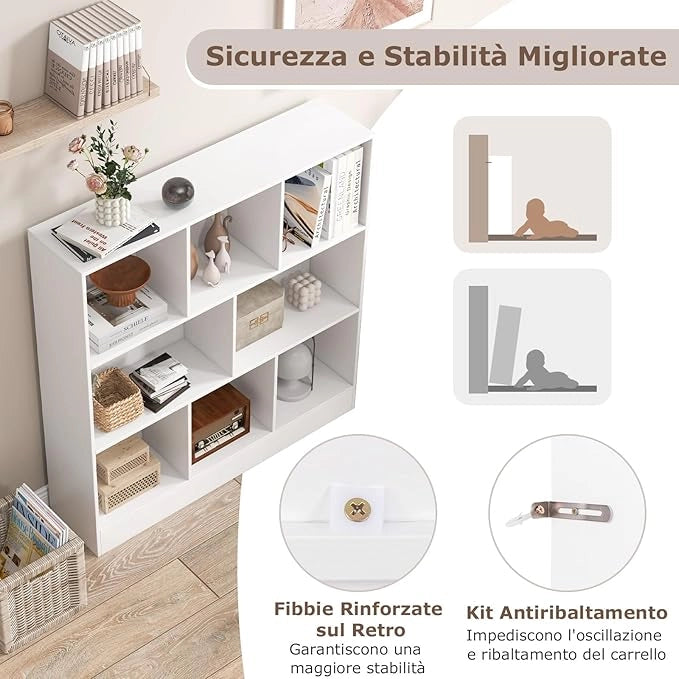 Libreria a 8 Cubi, Organizzatore di Stoccaggio a 3 Ripiani con 2 Kit Anti-Ribaltamento, Scaffale Multiuso in Legno per Soggiorno, Ufficio Stanza Bambini, 100x24x104 cm (Bianco)