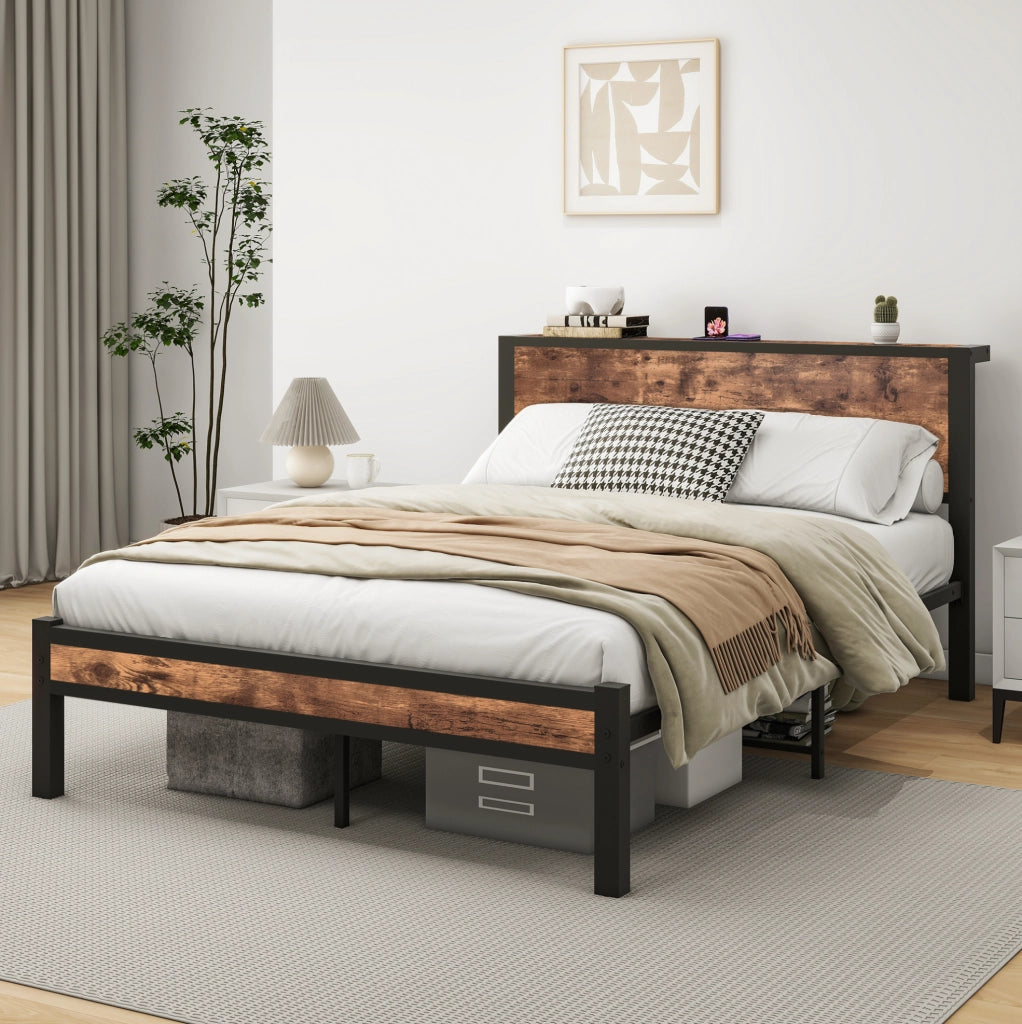 Letto 140x200 cm con contenitore e senza box spring in MDF e metallo marrone antico
