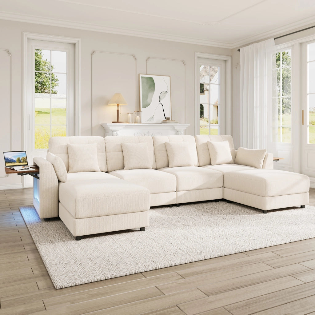 Divano angolare modulare a U e L con luci LED tavolino ribaltabile e tessuto chenille beige 292 × 135 × 82 cm