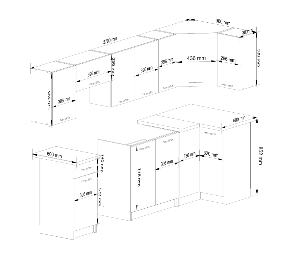 AKORD Set di Mobili da Cucina OLIWIA 300 cm Cemento 300 cm 11 ante 1 cassetto inserto frontale Bianco 300x46x203 cm