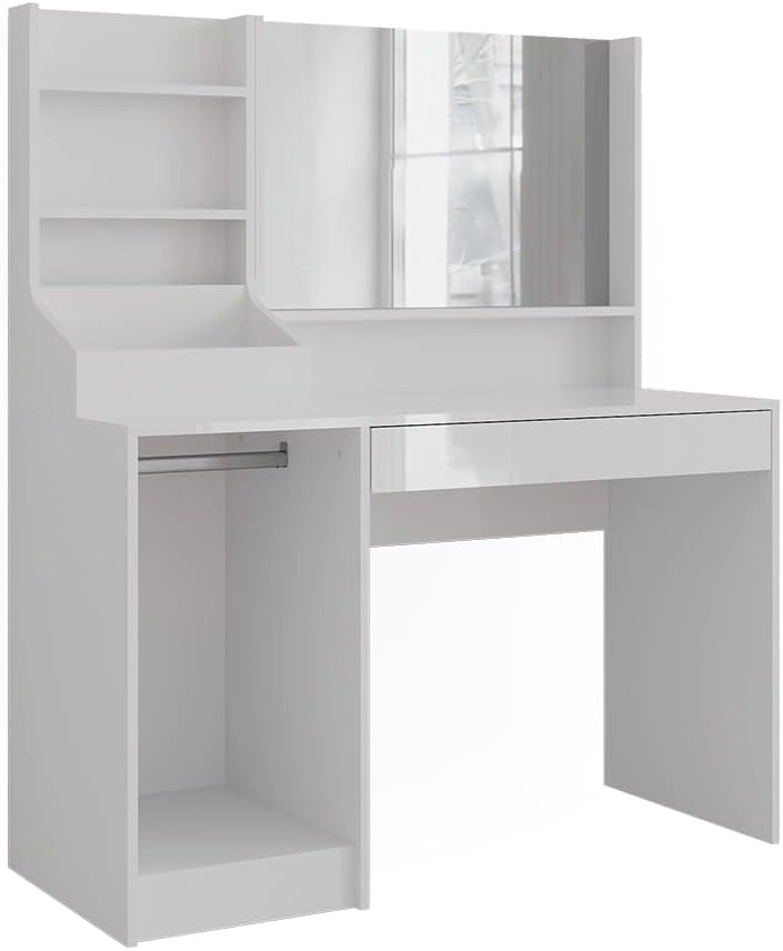 Tavolo da toeletta Sherry, Bianco/bianco lucido, 119.8 cm 3 parti, con specchio superiore per l'uso quotidiano e l'organizzazione