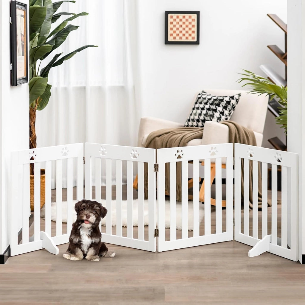 Cancelletto per Cani Pieghevoli 204 x 60 cm, Barriera per Cani in Legno a 4 Pannelli con Piedini Stabili, Recinzione per Scale, Ingressi e Corridoi (Bianco)