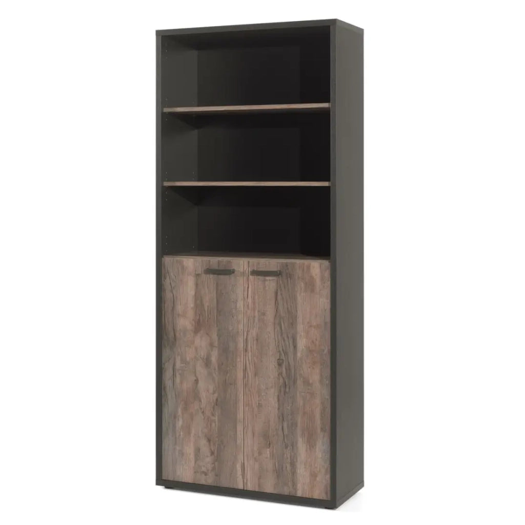 Biblioteca da ufficio SOON – 2 porte e 4 scaffali – Rovere invecchiato & nero – L90 x H216 x P40 cm