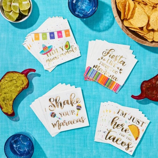 Serviette per Cocktail in Foglia d'Oro - Papier Serviette - Tema Fiesta - 100 Pezzi - 12,7 cm - 4 Disegni