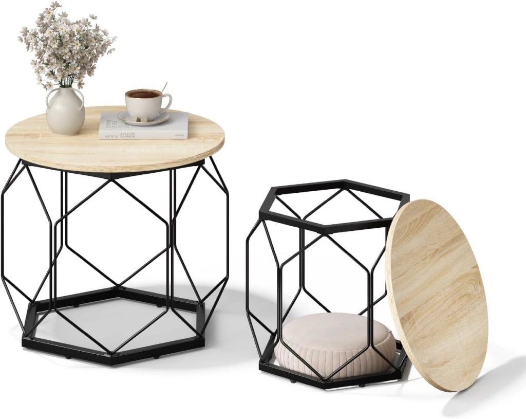 Set di 2 Tavolini da Salotto Rotondi, Tavolini Contenitori in Legno e Metallo, Tavoli da Caffè con Piano Rimovibile, per Soggiorno, Camera da Letto, Legno + Nero, BTS05hei