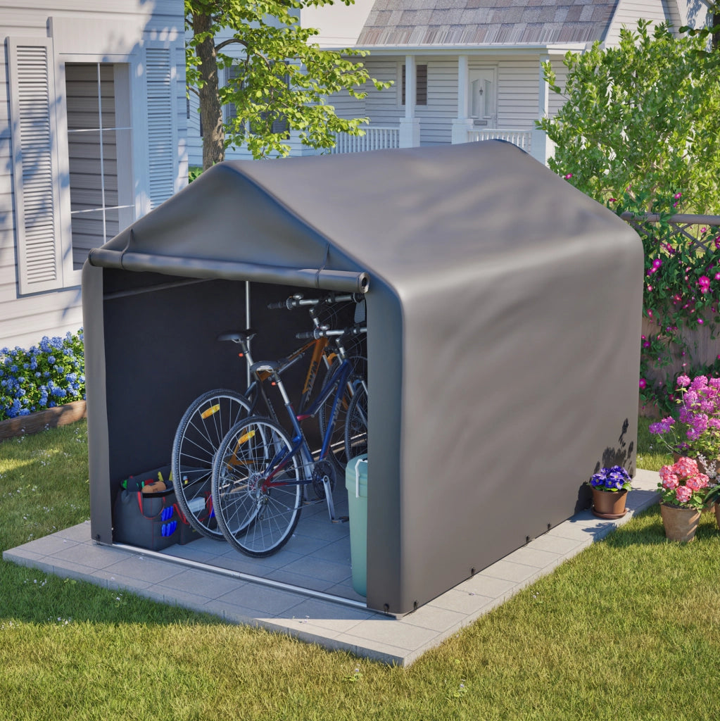 Ricovero per biciclette 160x220x165 cm grigio; PE con porta avvolgibile