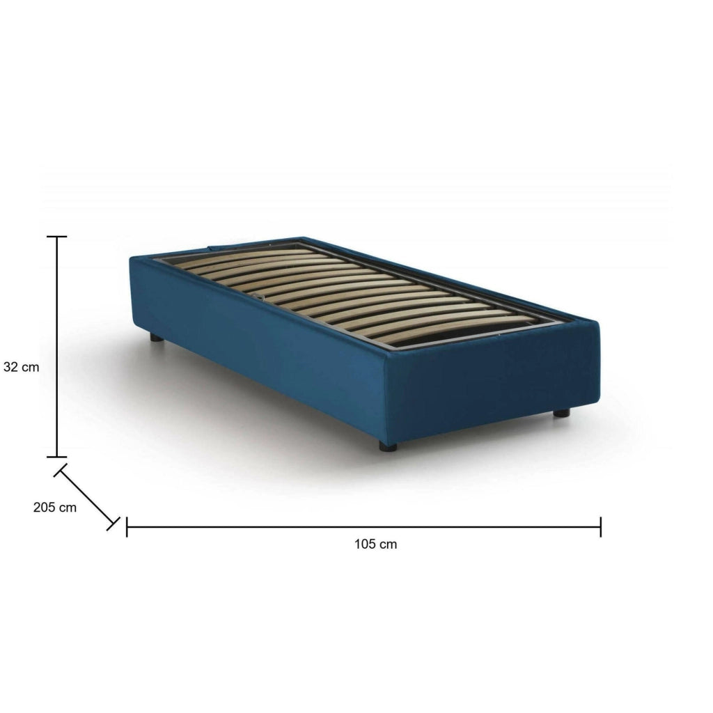 Letto singolo Acrostico, Letto contenitore con rivestimento in tessuto, Made in Italy, Apertura frontale, adatto per materasso cm 90x190, Blu