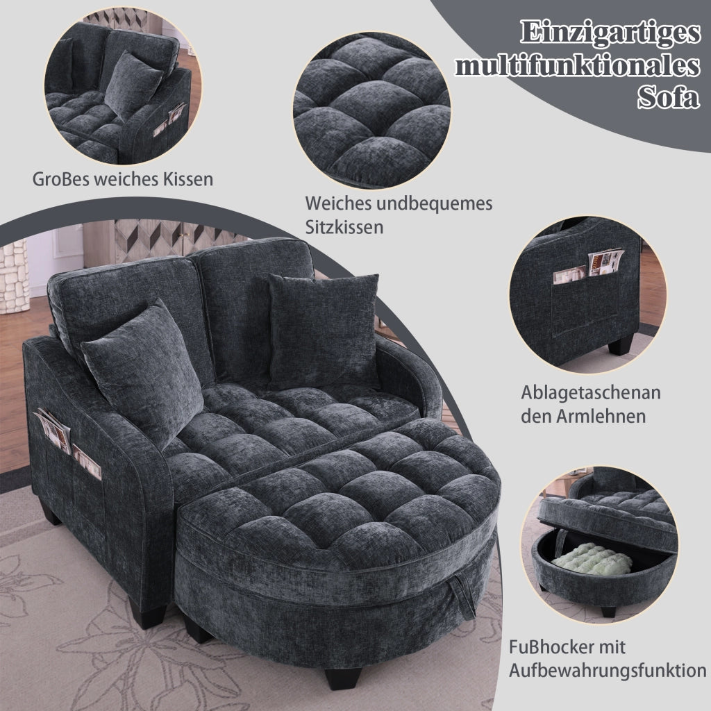 Divano letto convertibile con pouf contenitore e chaise longue; in tessuto; legno di eucalipto; nero; 132 Ã— 129 Ã— 93 cm