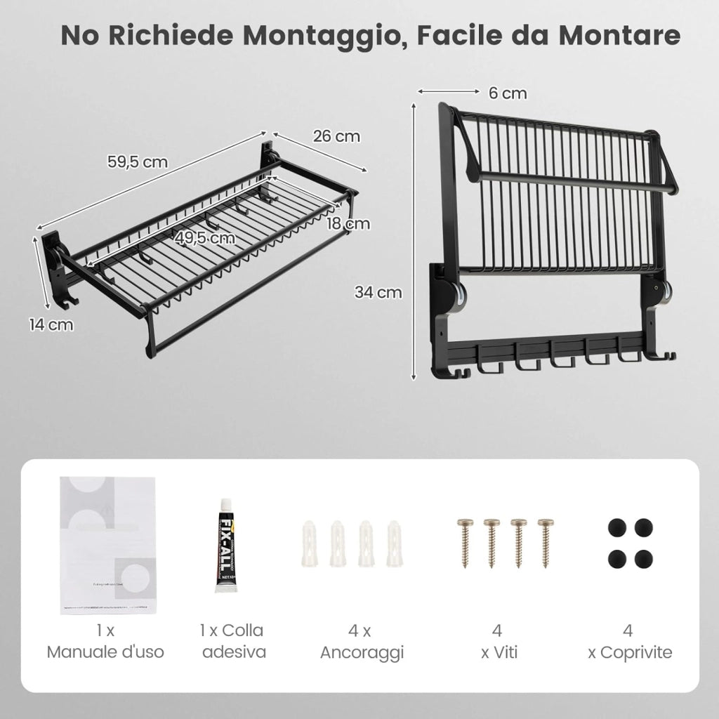 Portasciugamani Pieghevole per Bagno, Mensola Portasciugamani da Parete con Asta Regolabile e Ganci Mobili, Antiruggine e Impermeabile, Nessun Montaggio Richiesto, 59,5x26x14 cm