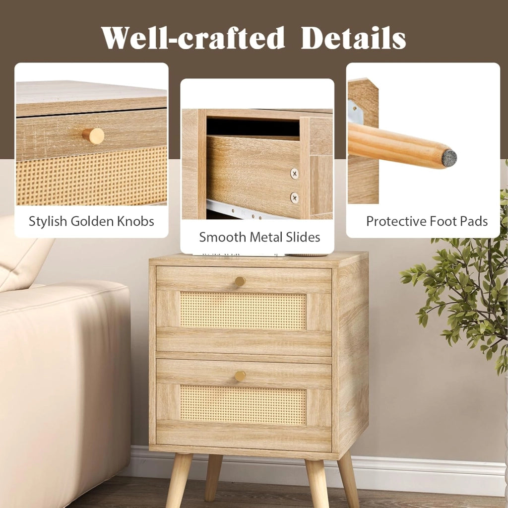 Comodino con 2 cassetti in rattan, comodino in legno, tavolo laterale stretto con gambe in pino, comodino per camera da letto, soggiorno, 40 x 40 x 59 cm (2 pezzi)