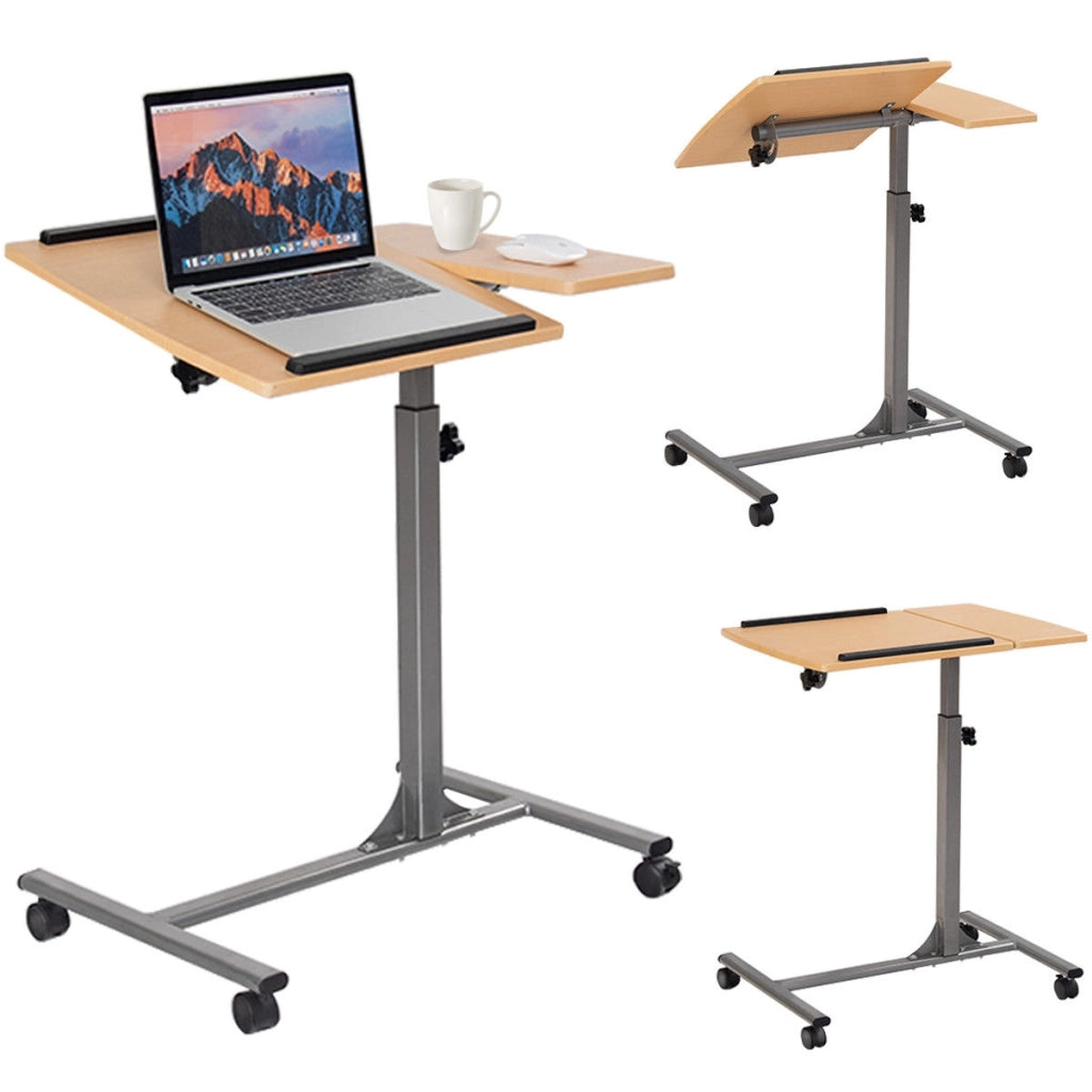 Tavolino Porta PC regolabile con ruote in legno Tavolo laptop antiscivolo 64x44x64-95cm Noce-Tavolini per laptop