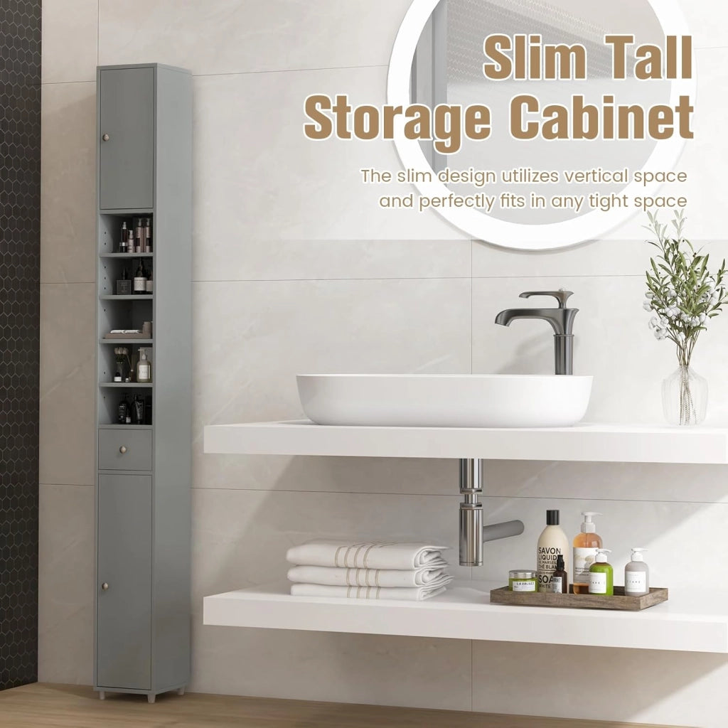 Armadio da Bagno Sottile e Alto con Ante, Mobiletto Bagno Salvaspazio Cassetto e Ripiani Regolabili, Design Moderno, 20 x 20 x 180 cm, 4 Colori