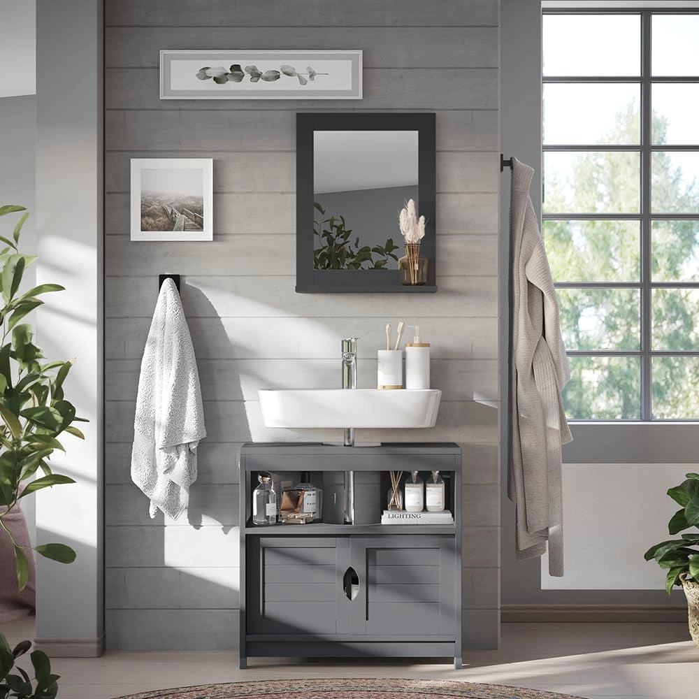 Set di mobili da bagno Vilda, Grigio, 60 cm, composto da specchio da bagno e mobile sottolavabo