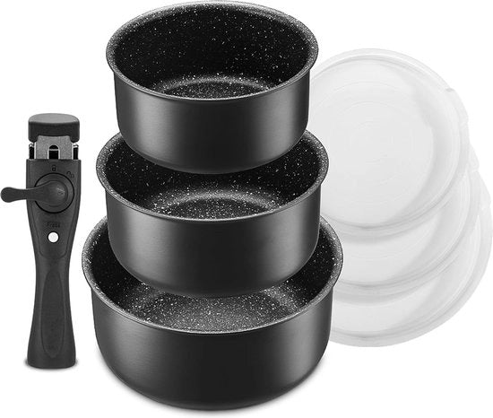 Set di pentole 7 pezzi 16 + 18 + 20 cm 1 manico rimovibile e 3 coperchi a gomma per induttività padella per la cottura a induzione pentola a bollitura per tutti i fornelli anticaderente resistente al forno