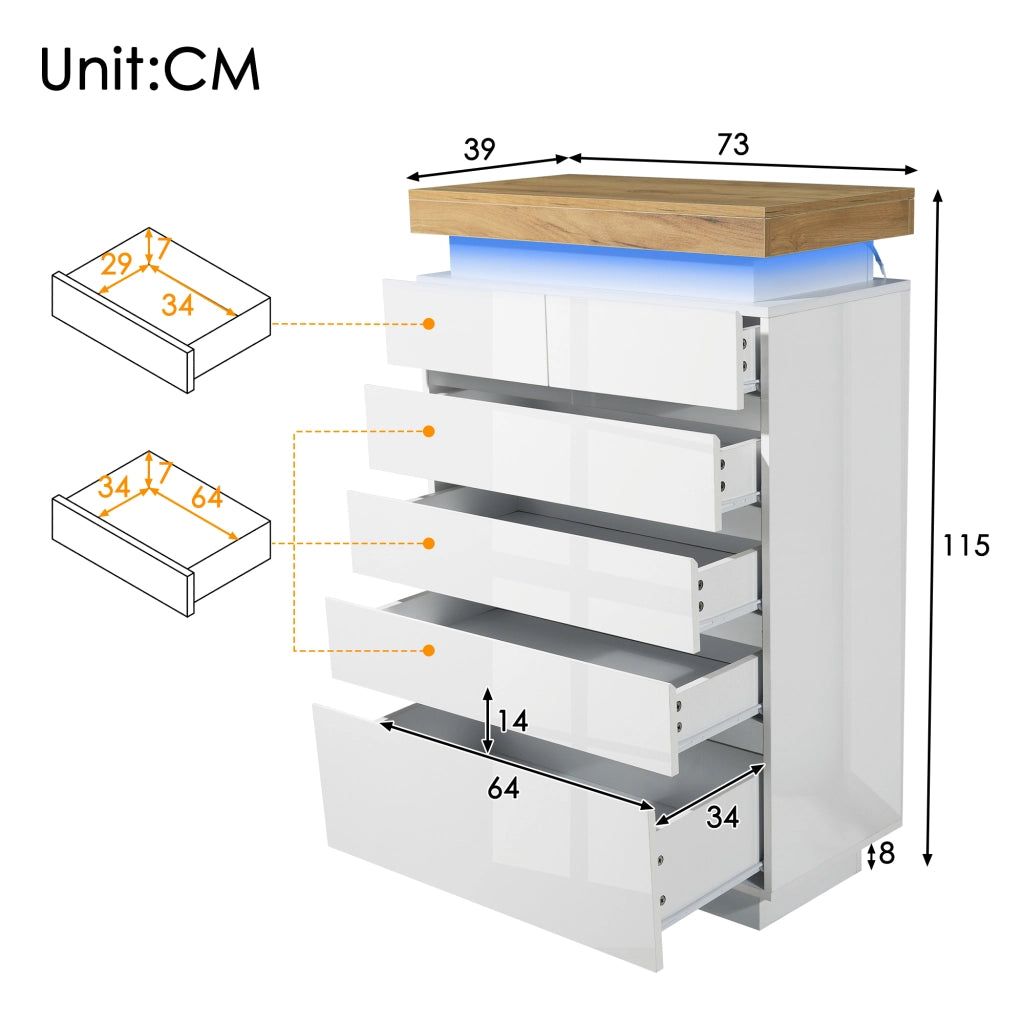 OKWISH Comò con 6 Cassetti e LED, Controllo Tramite App e Touch, per Camera da Letto o Soggiorno, Bianco, 73 x 39 x 115 cm
