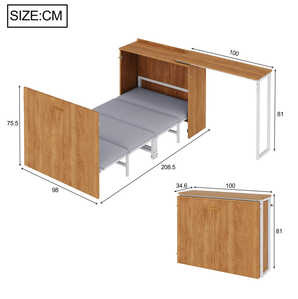 Letto a scomparsa con scrivania girevole e materasso 90x200 cm; naturale in metallo e legno