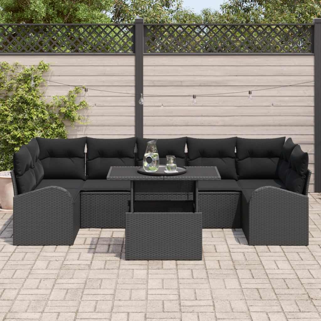 Set di divani da giardino 8 pezzi con cuscini in polyrattan nero