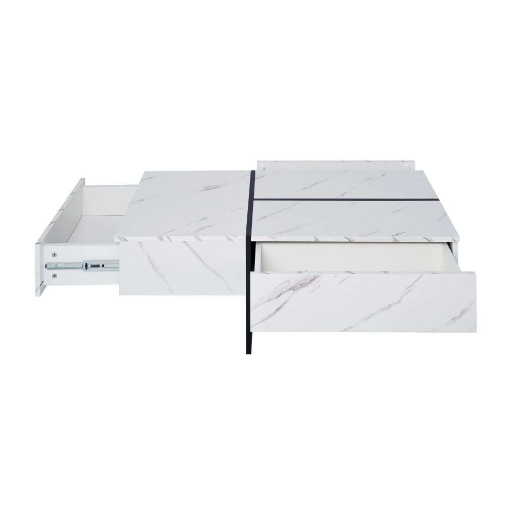 Tavolino da salotto 100x50x34.5 cm; effetto marmo lucido con LED controllato da app; pannello truciolare bianco