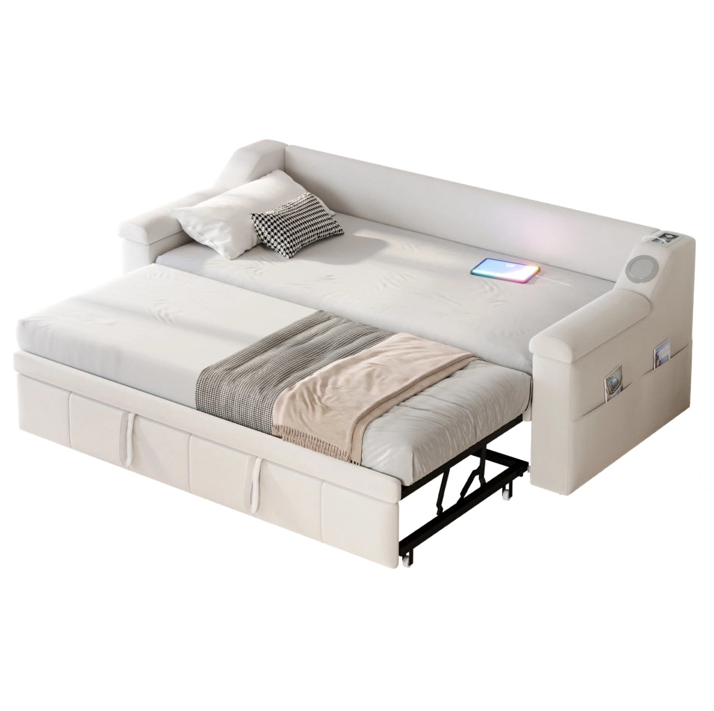Divano Letto Imbottito 90x190 cm con Bluetooth e USB, Schienale e Braccioli Spessi in Velluto Beige