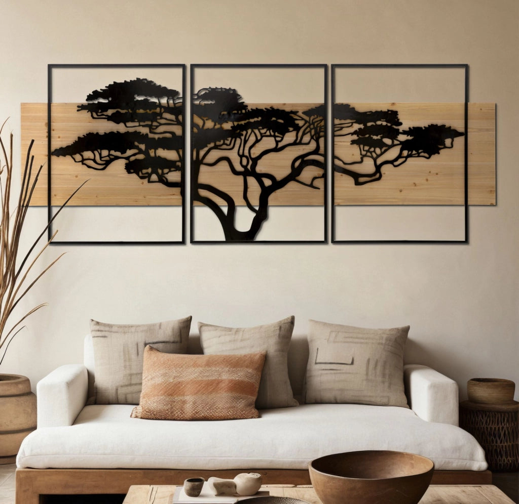 Pannello da Muro Lagos Ferro e Wood Set 3pz 204x2x80 cm in Ferro e MDF Nero e Marrone