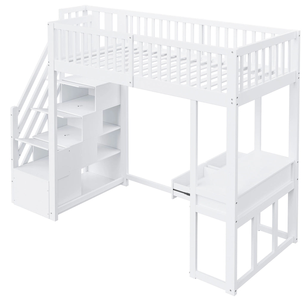 Letto a soppalco 90x200 con scrivania multifunzione e scala contenitore bianco