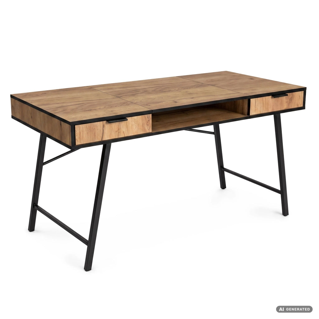 Scrivania industriale per computer Rovere Craft ARDEN 120 cm 2 cassetti 1 ripiano gambe nere