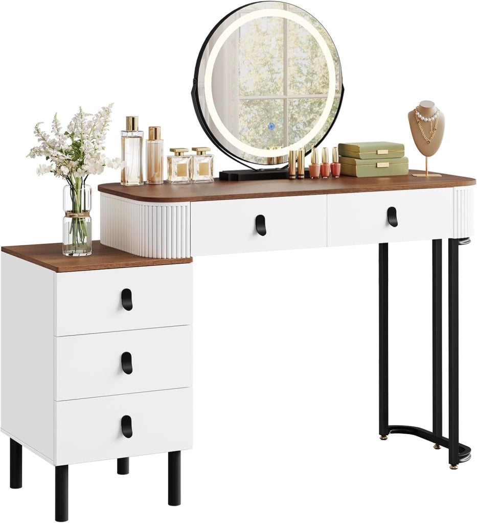 Postazione Trucco, Toeletta con Luci Dimmerabili, con Specchio Rimovibile, Consolle da Trucco per Donna, Cassettiera Spostabile