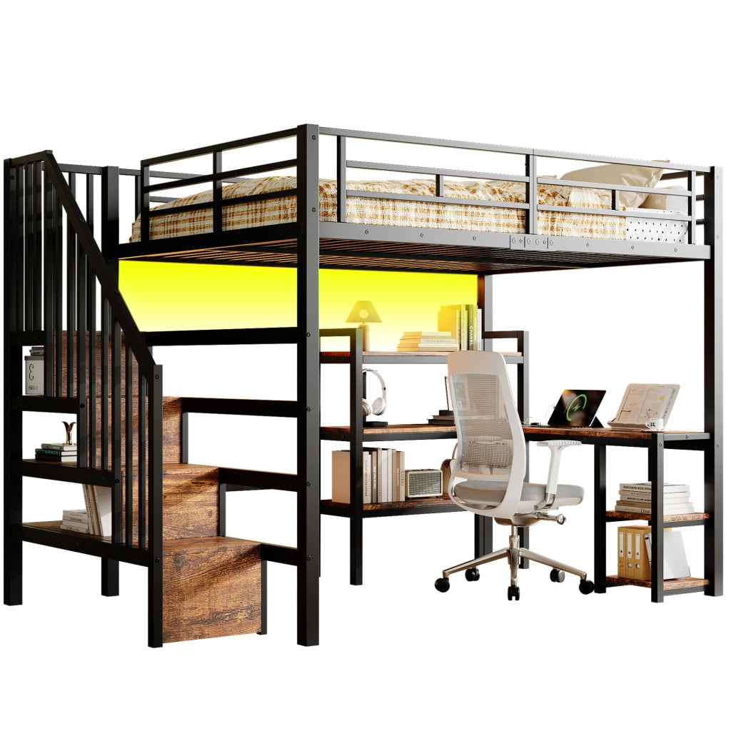 Letto a soppalco matrimoniale 140x200 cm con scrivania; scale contenitore; LED; nero