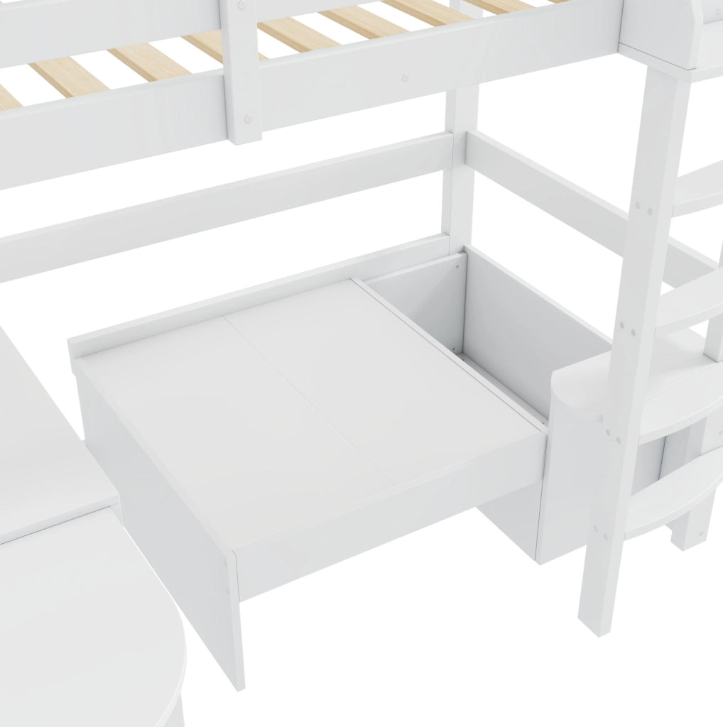 Letto a castello per bambini 90x200 cm in legno massiccio bianco con scrivania estraibile e contenitore