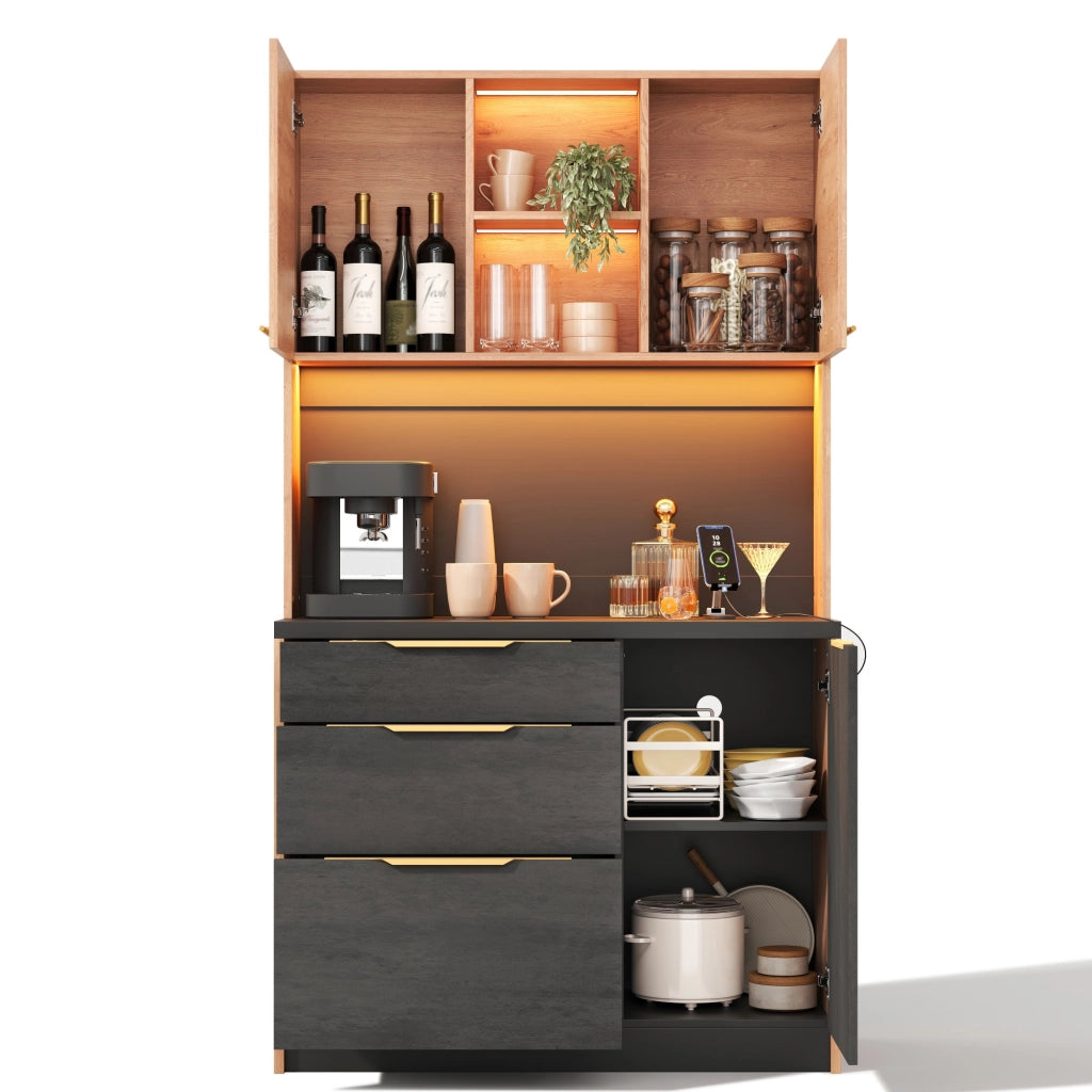 Credenza alta da cucina 100x40x180 cm in MDF, finitura moderna, piano nero, LED regolabile e presa EU