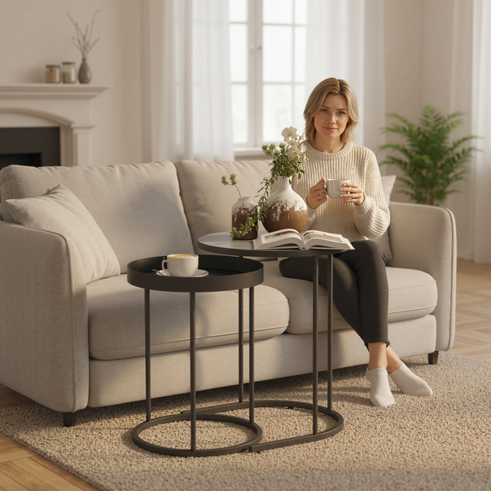 Set 2 Tavolini da Salotto Impilabili in Stile Industriale Ø42x54 cm e Ø36,5x48,5 cm in Legno e Metallo Grigio e Nero