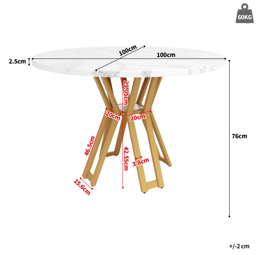 Tavolo da pranzo 100x100x76 cm con piano in MDF effetto marmo e gambe in metallo oro