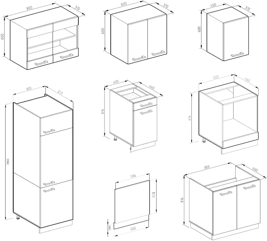 Cucina componibile R-Line, Bianco lucido/oro power oak, 300 cm senza piano di lavoro, per disposizione flessibile ed espansione con moduli aggiuntivi