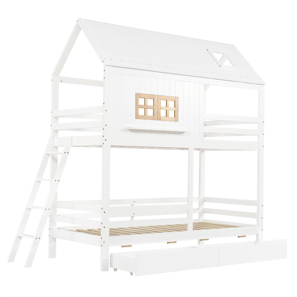 DESMIU Letto a castello per bambini 90 × 200 cm con finestre, tetto e 2 cassetti, senza materasso, bianco e naturale