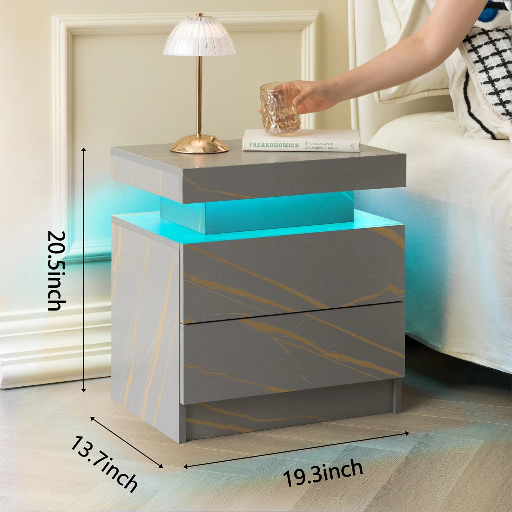 Comodino con LED e 2 cassetti con vano aperto per camera da letto e soggiorno, 59 × 45 × 20 cm, in legno ingegnerizzato, grigio e oro