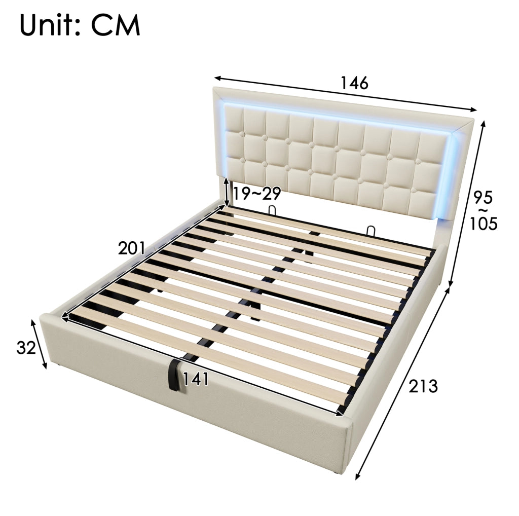 Letto matrimoniale 140x200 cm con contenitore sollevabile e LED; in PU bianco