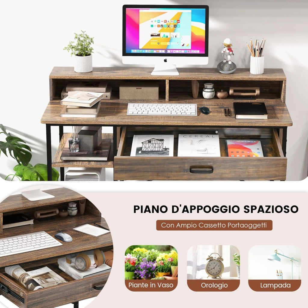 Scrivania con Cassetti, Supporto per Monitor e Ripiani Aperti, Scrivania Salvaspazio per Computer con Struttura in Metallo, Scrittoio per Studio e Ufficio, 120 x 56 x 90,5 cm, Marrone