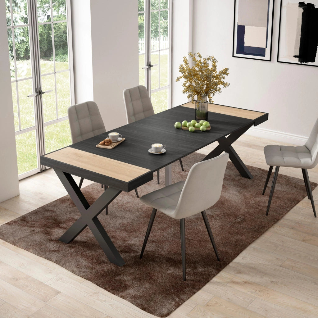 Consolle allungabile, 58 fino 222x90x73cm, Per 10 persone, Gambe in legno, colore Rovere e nero RF2791